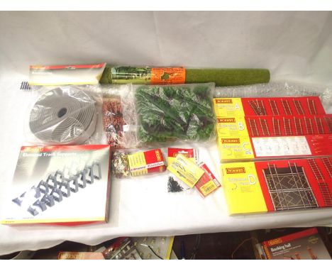 Hornby accessories including extension packs A,B,C and D, track supports, underlay, pins, figures, grass mat and plans books,