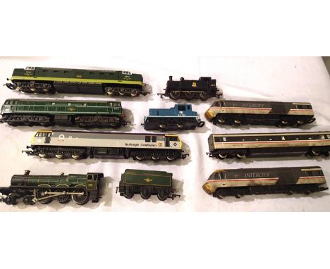 Seven OO scale locomotives including Intercity three car set, Deltic, class 31, class 92, 0.4.0 Shunter, Jinty, 4.60 and tend