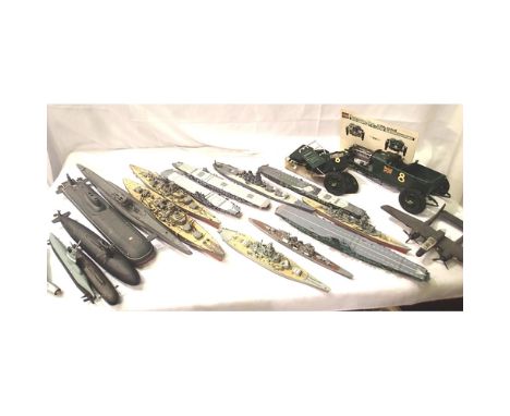 Selection of built plastic kits including ships, submarines, aircraft, carriers, aircraft and Airfix 1/12 scale Bentley, most