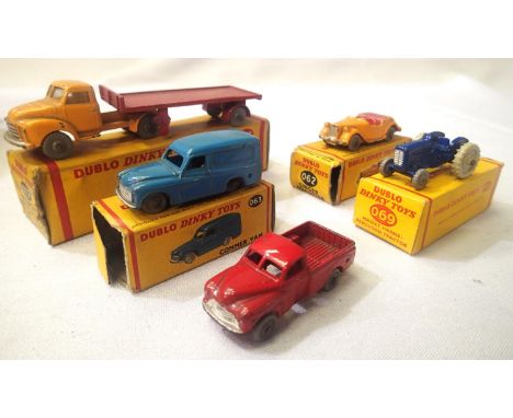 Five Dublo Dinky vehicles comprising of Bedford Artic, commer van, singer roadster, tractor. All in fair to good condition, b