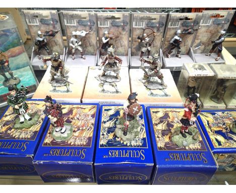 Cast resin and plastic figures including six knights, three Leonardo Samurai, three civil war, five Scottish clans etc, in mo