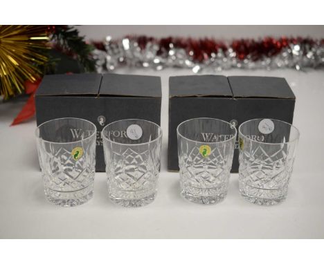 A set of four modern Waterford Lead Crystal Lismore pattern Whisky tumblers, with two bowlsPACKING AND POSTAGE WOULD BE AROUN