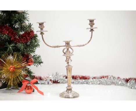 An Edwardian Sheffield silver plated candleabra, 51.5cm high, some damages, candlestick with inserted twin branch candle hold