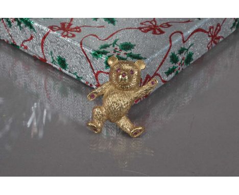 A cute modern 9ct gold and ruby set Teddy Bear brooch, 3cm high, hallmarked, 7.6g