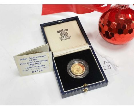 A Royal Mint 500th Anniversary of the First Gold Sovereign 1489-1989 Proof Half Sovereign, in box with certificate, UncPLEASE