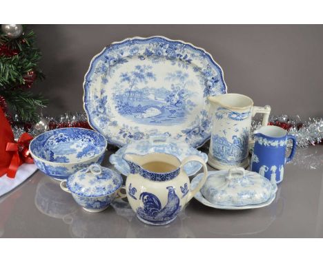 Eight Victorain and 20th century pottery items, AF, F117including a large meat plate, a Wedgwood Jasper ware jug, two turrens