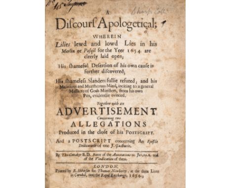 William Lilly, astrologer.- Gataker (Thomas) A Discours Apologetical; wherein Lilies lewd and lowd Lies in his Merlin or Pasq