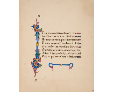 NO RESERVE Decoration and Ornament.- Froissart (Jean) Il faut le temps ainsi prendre qu'il vient, illuminated leaf, 8 lines, 