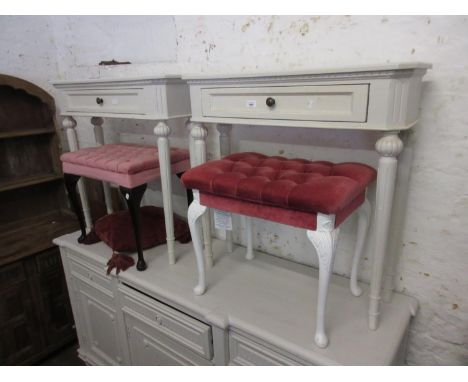 Pair of small reproduction painted console tables, each with a single drawer on turned supports 