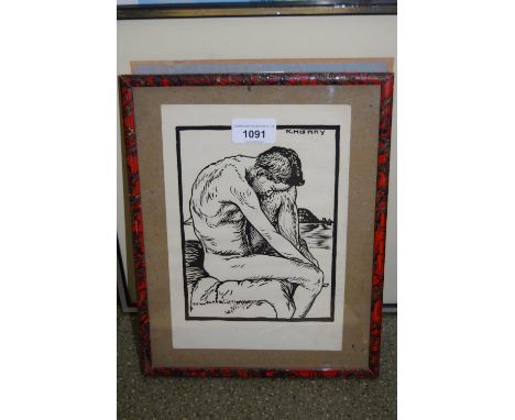 Karl Hanny, woodblock print, male figure study together with a linocut print coastal scene with boat, indistinctly signed 
