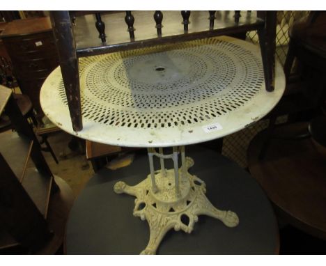 19th Century French circular painted garden table with a cast iron base, stamped E.W. Depose, Paris, 28ins diameter 
