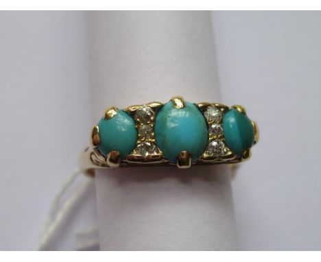 18ct Yellow gold ring set three oval turquoise and six small diamonds 