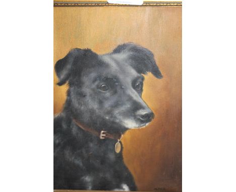 Oil on board, portrait of a black haired Jack Russel, indistinctly signed, 9.5ins x 7.5ins 