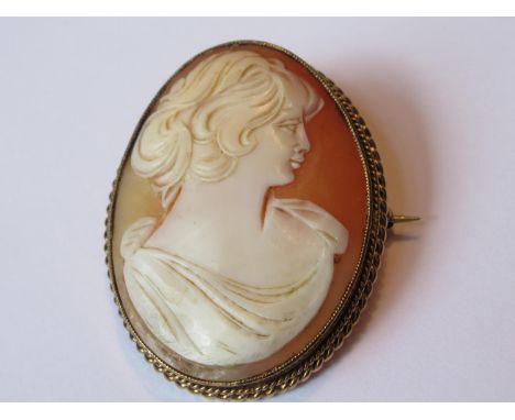 9ct Gold mounted oval carved shell cameo portrait brooch, the mount marked E. Joy & Company, 48mm x 38mm 