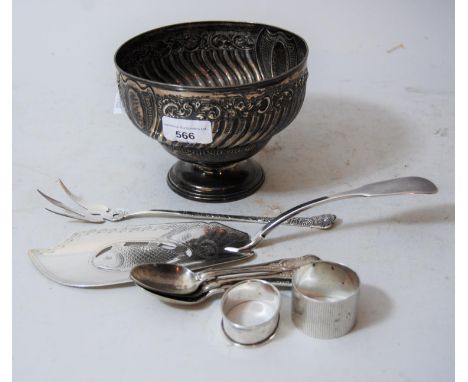Birmingham silver embossed pedestal bowl with wrythen decoration, two silver napkin rings, Georgian silver fish slice, sterli