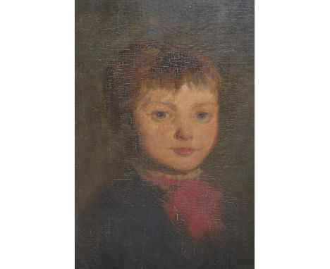 19th Century oil on canvas laid on board, head and shoulder portrait of a girl with a red scarf, 14ins x 10ins, gilt framed 