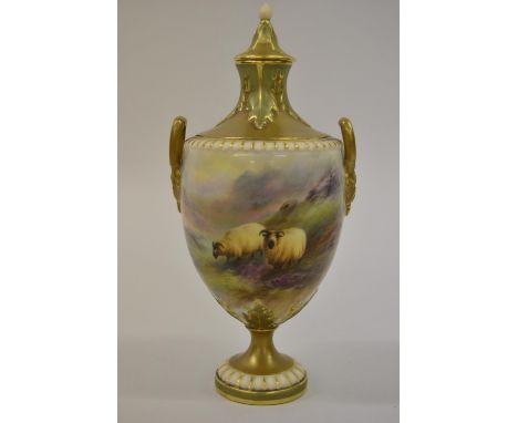 Harry Davis for Royal Worcester, two handled baluster form pedestal vase and cover, finely painted with sheep in a highland l