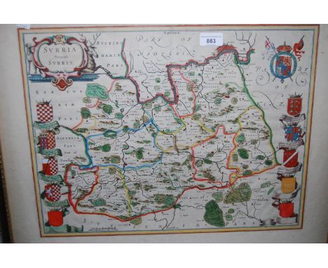 Framed antique hand coloured map of Surrey, together with a framed map ' The Road from London to Hythe ' by Ogilby and anothe