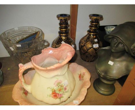 Pair of reproduction Bohemian style blue and gilt decorated decanters (stoppers lacking), a moulded glass Shannon crystal Cha
