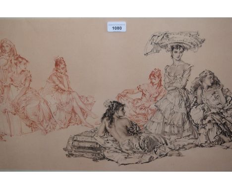Sir William Russell Flint, signed print in black and sepia ' Studies of Cecilia ', 14.5ins x 27.75ins, gilt framed 