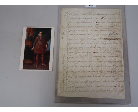 Charles I, a long one page autographed letter to his nephew Prince Rupert, signed ' Your loving Uncle and most faithful frien