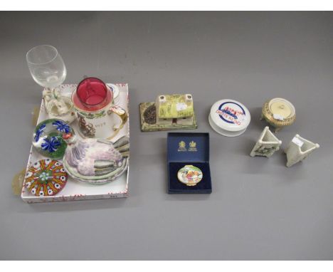 Glass millefiori paperweight, a Spode Silver Jubilee mug, small hen on nest tureen and other ceramics and glass 