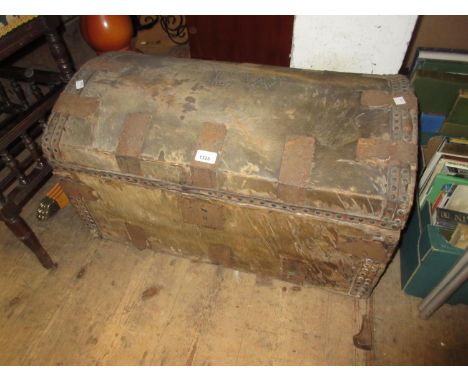 19th Century Continental pony skin covered dome top trunk with metal mounts (at fault), 28ins wide, 17ins deep, 16ins high 