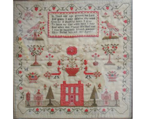 Good quality early 19th Century pictorial woolwork sampler depicting house and garden, birds and flowers, dated 1823, 13ins s