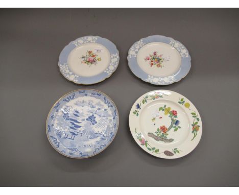 Pair of Spode plates painted with sprigs of summer flowers within pale blue and white relief moulded borders, 8.5ins diameter