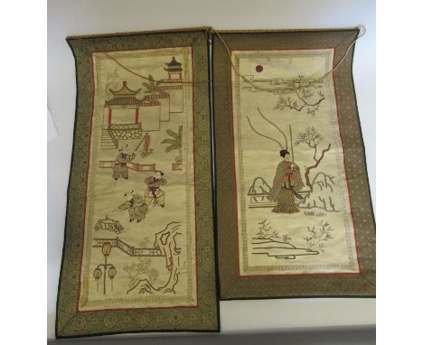 Chinese silk needlework picture depicting children in a garden scene with pagoda, 26ins x 12ins and another Chinese silkwork 