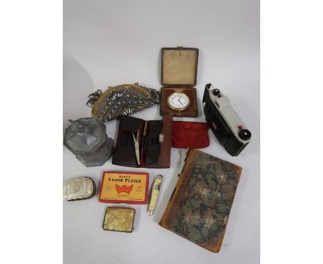 Ladies beadwork evening bag, leather cased bellows camera and other miscellaneous collectables 