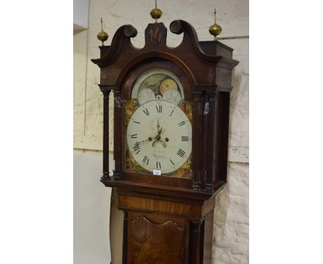 19th Century mahogany crossbanded and line inlaid longcase clock, the broken arch hood with swan neck pediment and flanking p