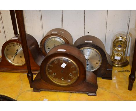 Group of five various mid 20th Century oak and walnut dome topped mantel clocks (at fault) together with a modern German made