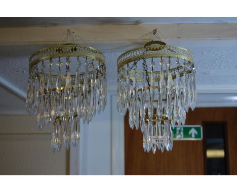 Pair of modern three tier hanging light fittings with cut glass drops 