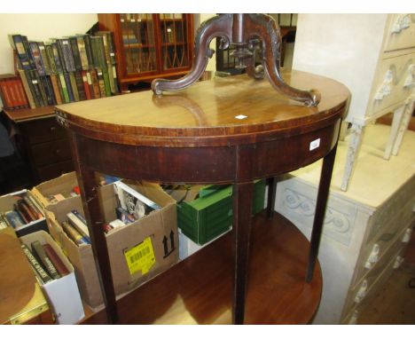 George III mahogany satinwood crossbanded and line inlaid half round fold-over card table on square tapering supports, 36ins 