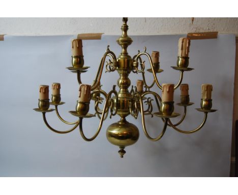 Christopher Wray brass twelve light electrolier in antique Dutch style, 21ins high excluding chain and ceiling rose 