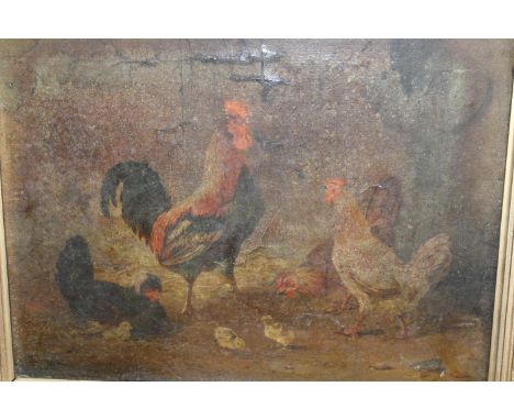 19th Century overpainted print, chickens in a farmyard, 10ins x 13ins, together with a gilt framed oleograph, marine scene 
