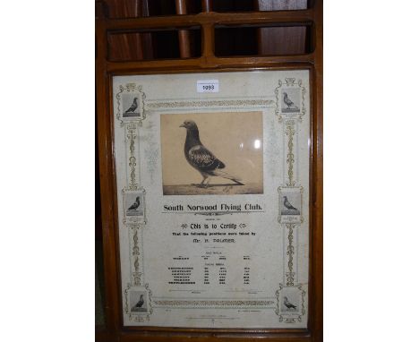 Framed print depicting various photographs of racing pigeons, circa. 1901, housed in a Gothic design frame 