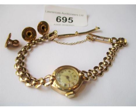 Ladies Rotary 9ct gold cased wristwatch on a 9ct gold bracelet strap, together with three 9ct gold dress studs14g gross 