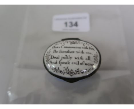 Late 18th / early 19th Century Bilston enamel motto patch box inscribed 'Have communion with few,  be familiar with one, deal