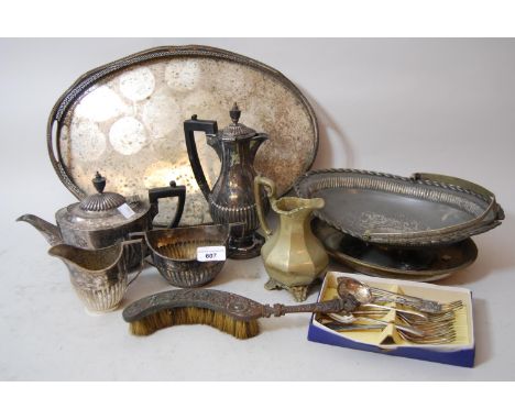 Four piece plated half fluted design tea service together with miscellaneous other items of silver plate 