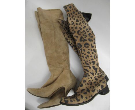 Pair of Russell & Bromley leopard print suede ladies knee high boots, 1in block heels, size 38.5 together with another beige 