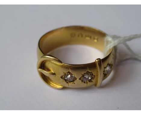 Victorian 18ct gold buckle ring set three diamonds6g. Ring size Q.Generally in good condition for its age. Some surface scrat