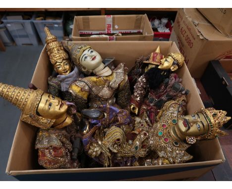Collection of seven various large Burmese carved wooden puppets with sequin decorated costumes, each approximately 30ins high