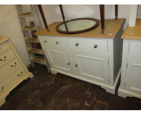 Contemporary painted side cabinet, the light oak top above two drawers and two cupboard doors raised on bracket feet, labelle