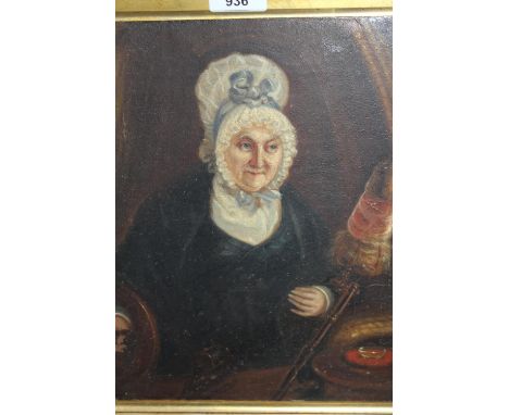 19th Century Welsh School oil on canvas laid on board, portrait of a lady spinning wool, (period gilt frame), 12ins x 10ins 