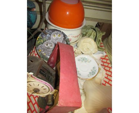 Porcelain wall clock with weights and pendulum, two lamp shades, two chamber pots, floral decorated teaset etc 