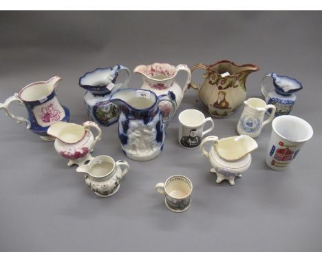 Collection of Victorian and later pottery commemorative jugs in lustre, transfer print etc. (some damages)Prince of Wales and