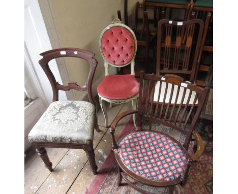 Edwardian mahogany shell and line inlaid comb back elbow chair on square tapering splay supports, a floral carved, painted an