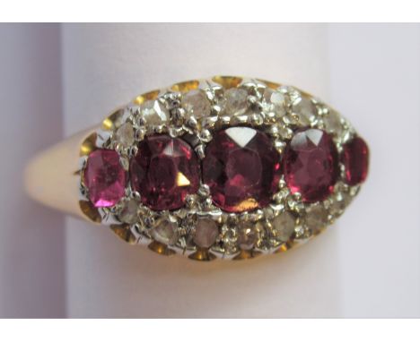 Edwardian 18ct yellow gold ring set rubies and diamonds, 3g 